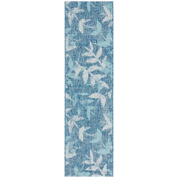 Courtyard Navy/Blue 2 ft. x 8 ft. Distressed Leaf Indoor/Outdoor Patio  Runner Rug