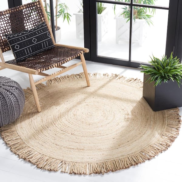 Braided Beige 6 ft. x 6 ft. Abstract Border Round Area Rug