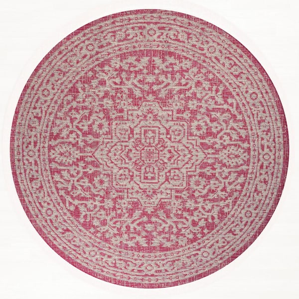 Sinjuri Medallion Textured Weave Fuchsia/Light Gray 5 ft. Round Indoor/Outdoor Area Rug