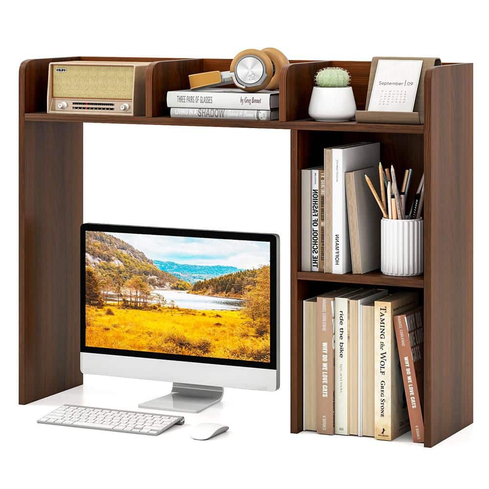 Desktop Bookshelf 3-Tier Multipurpose Countertop Hutch Bookshelf for Monitor w/ Shelves & Side Compartments Walnut price history on PriceWatchPro