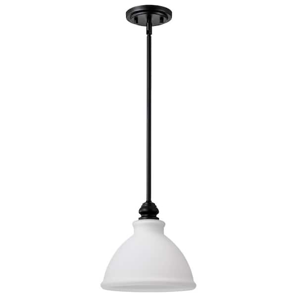 SATCO Russel 1-Light Matte Black Traditional Mini- Pendant Light with Satin White Glass Shade