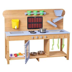 Mud Kitchen, Outdoor Mud Kitchen for Kids, Wood Outdoor Play Kitchens with Stoves, Hooks, Double Sinks, Planting Shovels