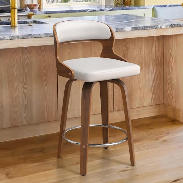 Edwards 26 in.Modern White Faux Leather Swivel Bar Stool with Solid Walnut Wood Frame Bentwood Counter Stool