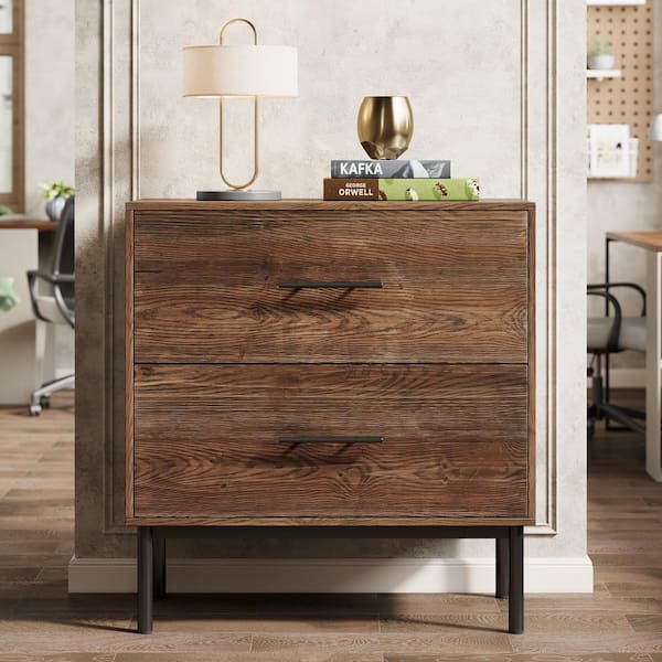 Atencio 2-Drawer Vintage Brown Solid Wood 31.5 in. W Lateral File Cabinets with Adjustable Hanging Rod for Legal Size