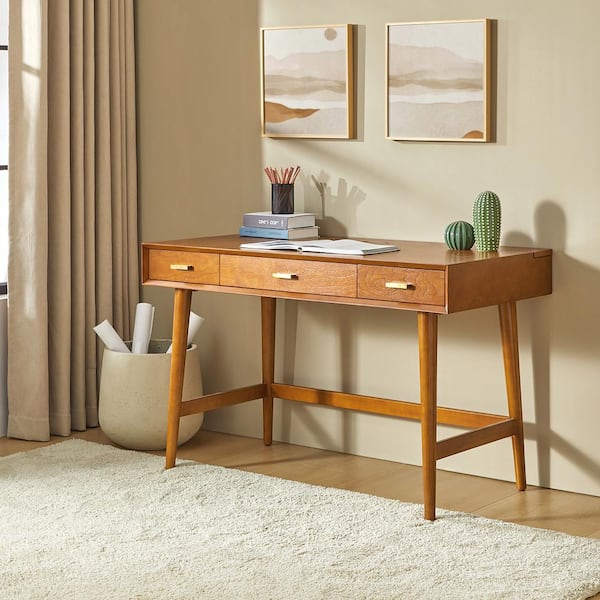 Tommy 48 in. Rectangular Acorn Wood 3-Drawer Computer Desk with Cable Management and Built-In Storage