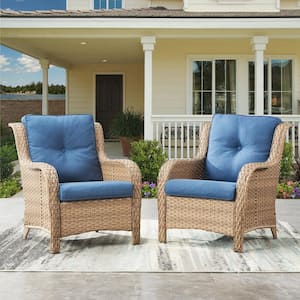 Carolina Yellow Wicker Outdoor Lounge Chair with Blue Cushions(2-Pack)