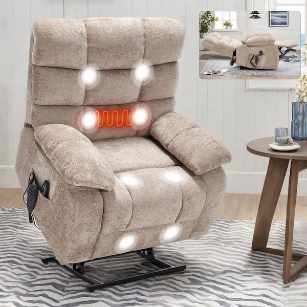 Beige Dual Motor Infinite Position Chenille Power Lift Recliner Chair with Heat Massage and Power-Remote