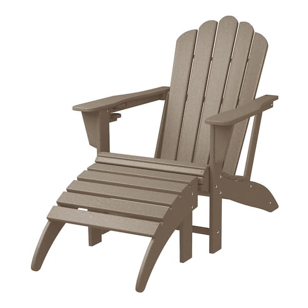 WESTIN OUTDOOR Aderson 2-Piece All Weather Outdoor Patio HDPE Adirondack Chair with Cup Holder and Matching Ottoman in Weathered Wood