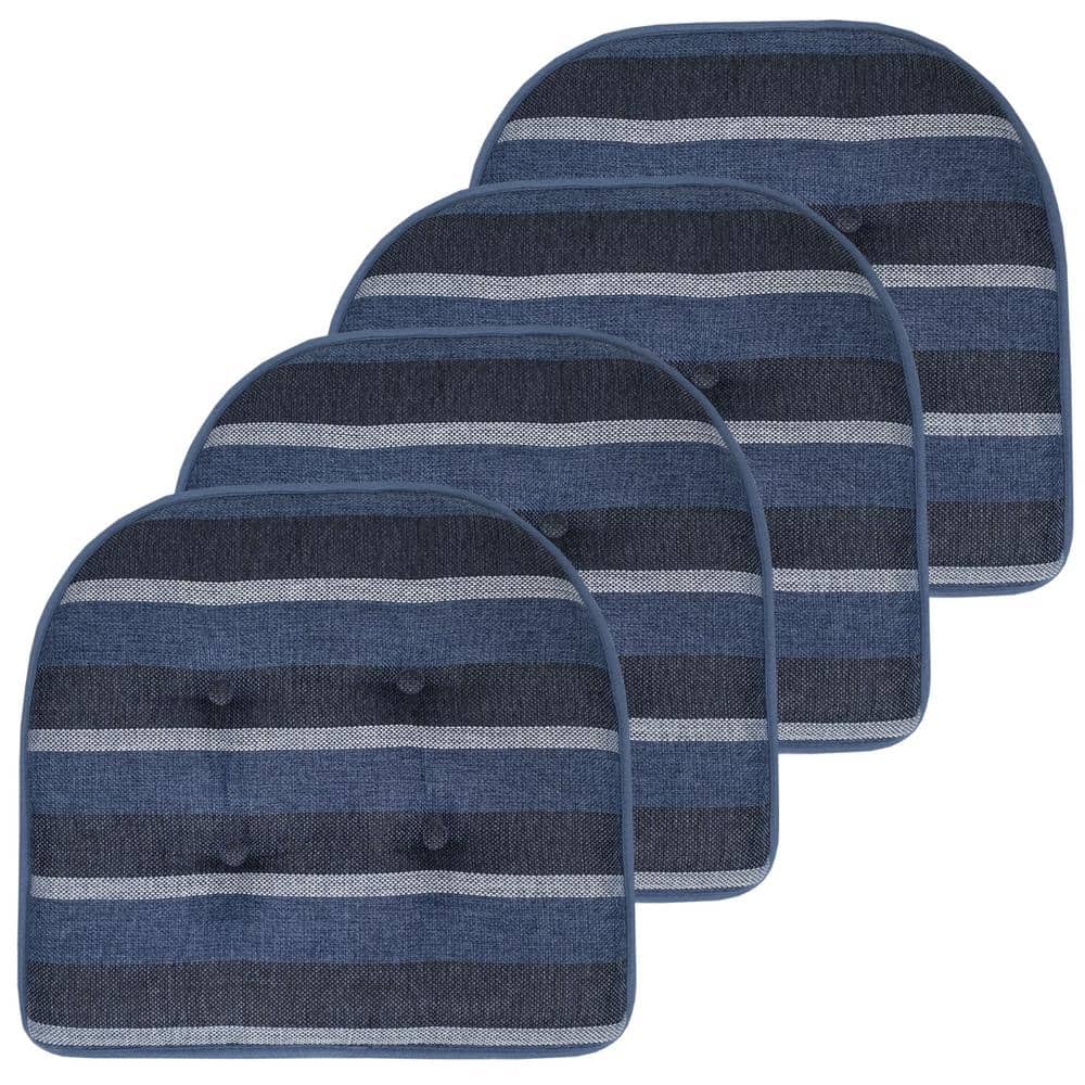 Steel Blue Striped Memory Foam Chair Cushions, Set of 4