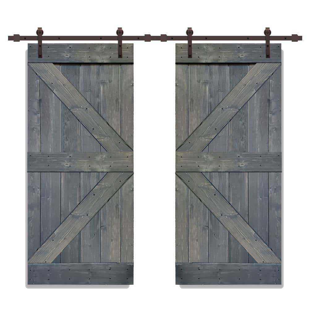 CALHOME Distressed K Series 36 in. x 84 in. Gray Solid Knotty Pine Wood Double Interior Sliding