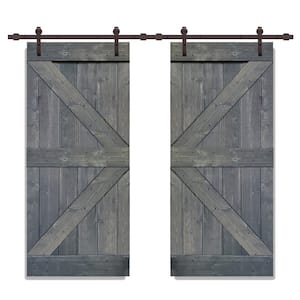 Distressed K Series 72 in. x 84 in. Gray Solid Knotty Pine Wood Double Interior Sliding Barn Door with Hardware Kit