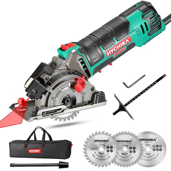 HYCHIKA Electric Circular Saw 4.0 Amp 3-3/8 in. Mini Circular Saw 4500 RPM with 3 Saw Blades and Scale Ruler