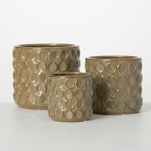 7 in., 5.5 in. and 4.5 in. Green Textured Ceramic Cylinder Planters (Set of 3)
