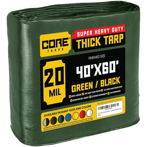 40 ft. x 60 ft. Green/Black 20 Mil Heavy Duty Polyethylene Tarp, Waterproof, UV Resistant, Rip and Tear Proof