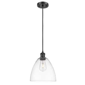 Bristol Glass 1-Light Matte Black Shaded Pendant Light with Clear Glass Shade