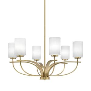 Olympia 6 Light, Uplight, Chandelier, New Age Brass Finish, 4 in. White Marble Glass