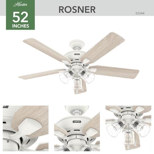 Rosner 52 in. Indoor Matte White Ceiling Fan with Light Kit Included Hunter Ceiling Fans With Lights