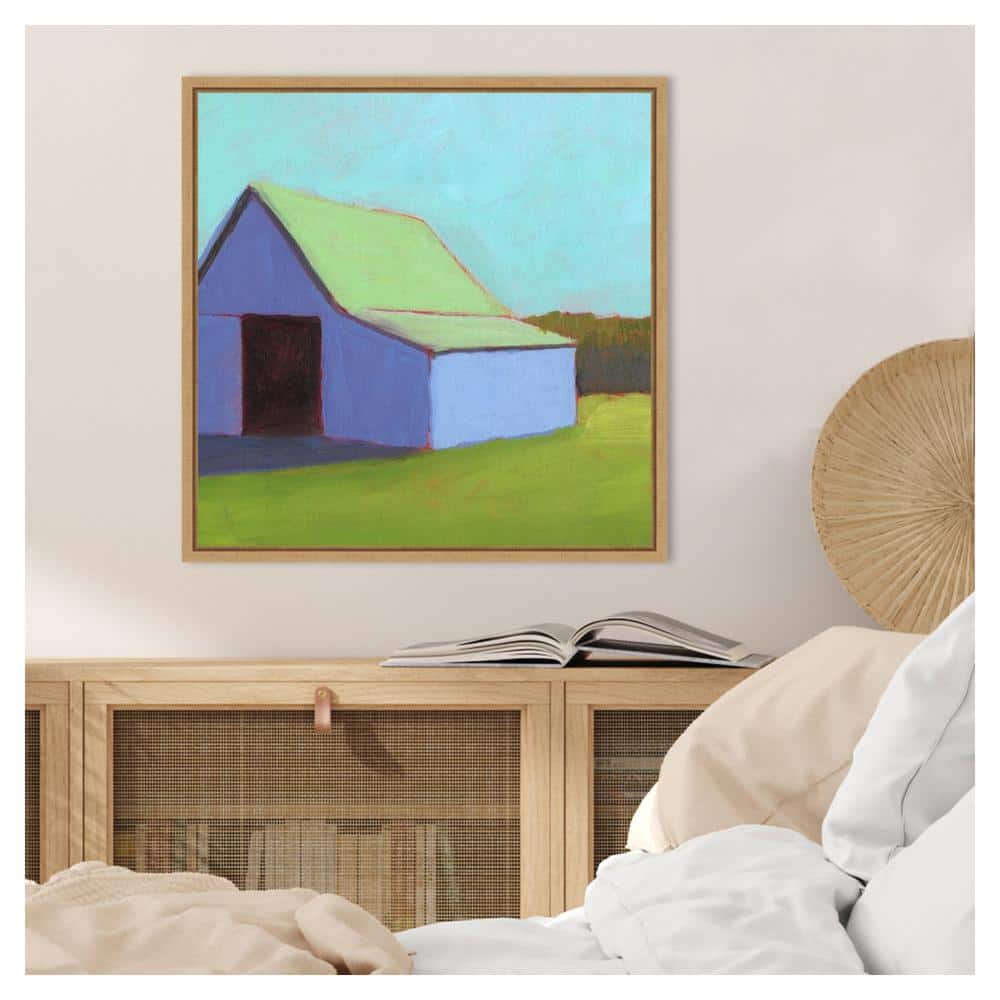 Homestead Barn I Light Green and Blue Canvas Print with Maple Frame