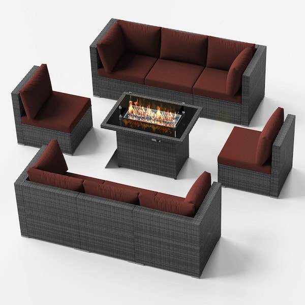 Unbranded 9-Pieces Gray Wicker Outdoor Sectionals Patio Furniture Set Conversation Set with Fire Pit Table and Red Cushions