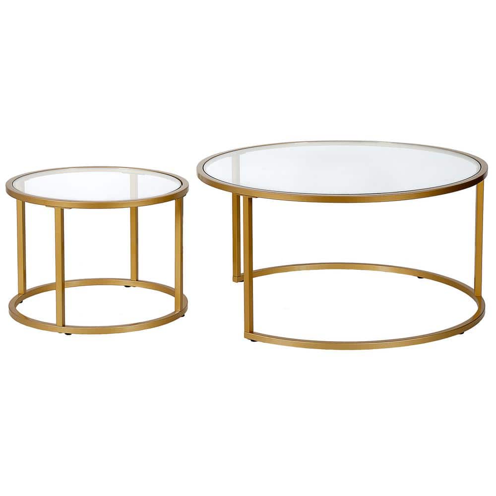 Round Brass and Glass Nesting Coffee Table Set