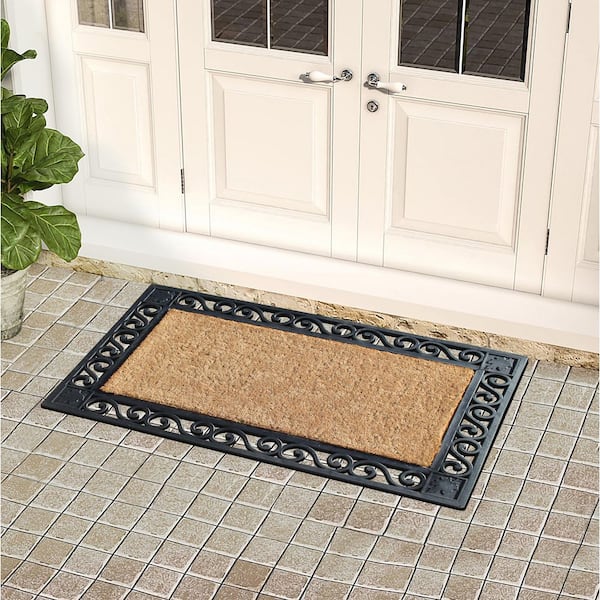 BirdRock Home Welcome Coir Doormat with Scroll Border - 18 x 30 Inch -  Standard Welcome Mat with Black Decorative Border - Natural Fade - Vinyl  Backed