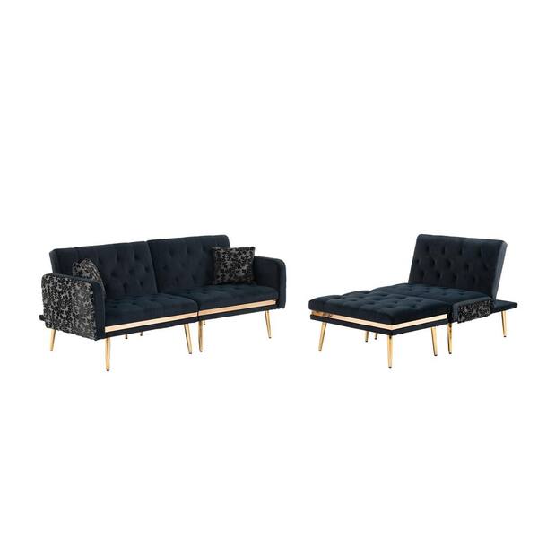 Unbranded 106.30 in. W Square Arm 3-Piece Velvet L Shaped Sectional Sofa in Black with Ottoman