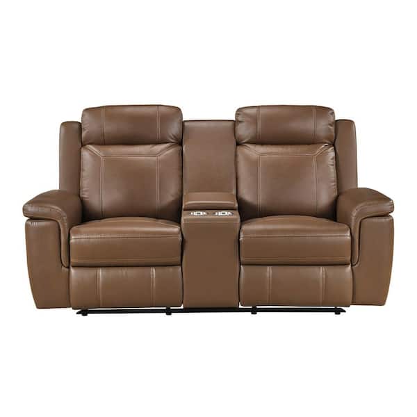 Zorven 75.5 in. Top Grain Leather Manual Double Reclining 2-Seater Loveseat with Center Console in Camel