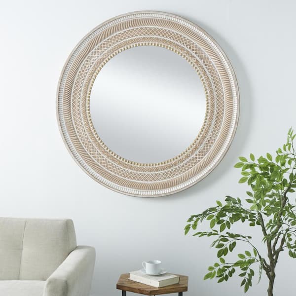 48 in. x 48 in. Handmade Intricately Carved Round Framed Brown Geometric Wall Mirror with Bohemian Patterns