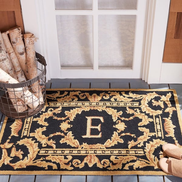 Monogram Black 3 ft. x 4 ft. "E" Ornate Leaf Indoor/Outdoor Area Rug