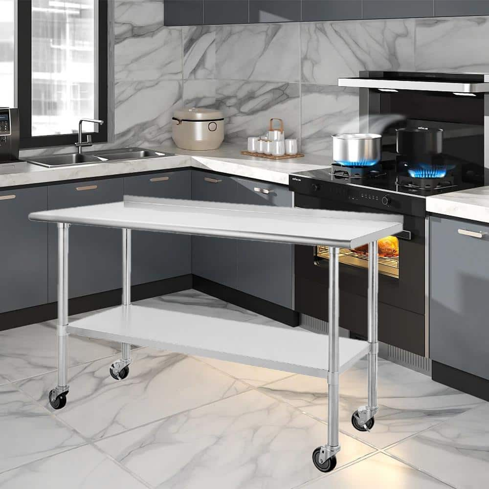 FAMYYT Silver Stainless Steel 60 in. Kitchen Prep Table with Adjustable ...