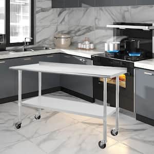 Silver Stainless Steel 60 in. Kitchen Prep Table with Adjustable Galvanized Legs & Backsplash & 360° Caster Wheels