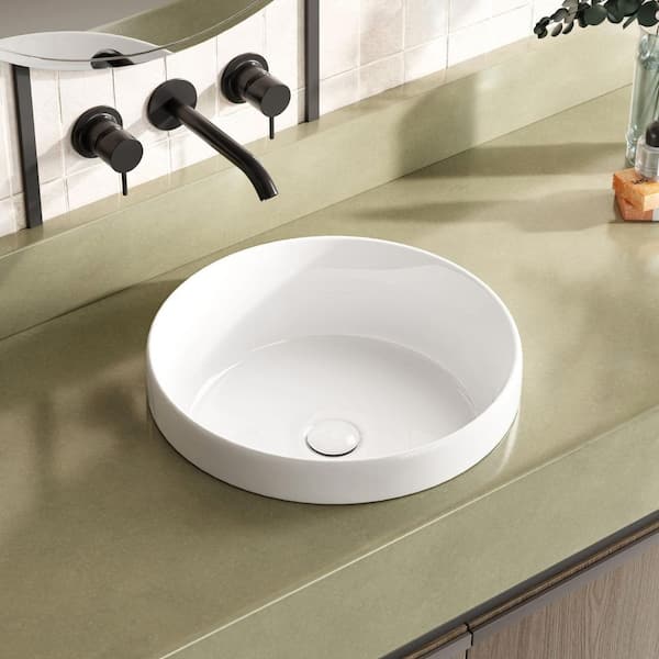 Los Flexi 16 in. x 16 in. Round Semi Recessed Bathroom Sink without Overflow, Glossy Finish and White Ceramic for Small Spaces