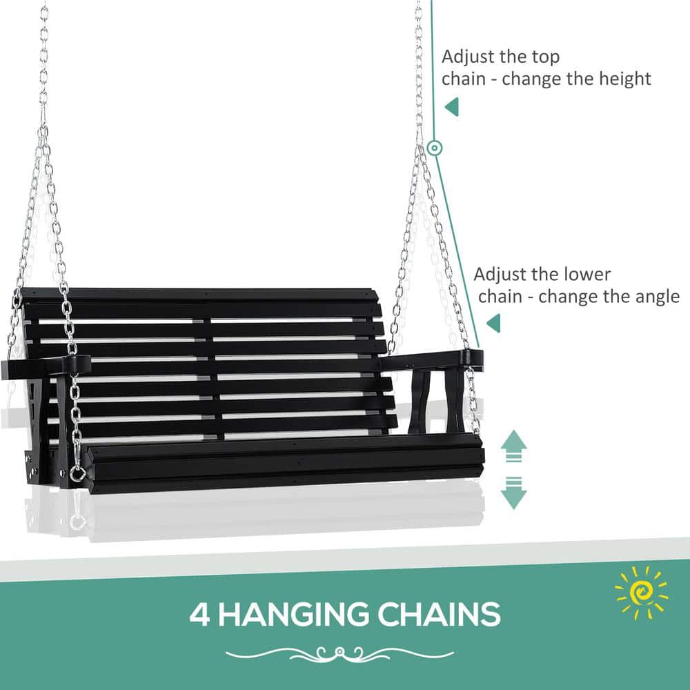 Black Wooden 2-Person Porch Swing with Chains and Cup Holders