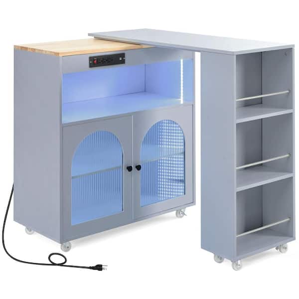 Zeus & Ruta Gray Blue Wood 56.3 in. W Kitchen Island with Extended Table, LED Lights, 2-Fluted Glass Doors and Side 3-Open Shelves