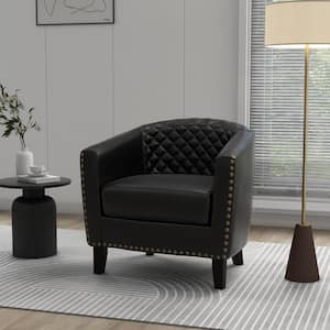 Mid-Century Black PU Leather Nailhead Trim Upholstered Accent Barrel Chair With Solid Wood Legs