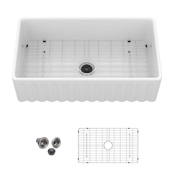 33 in. Farmhouse Single Bowl White Ceramic Kitchen Sink with Bottom Grids