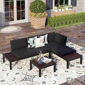Black Aluminum 3-Piece Steel Outdoor Patio Conversation Set with Black Cushions, Table with Brown Wood-Grain Top