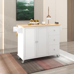 White Drop Leaf Rubberwood Countertop 53 in. Kitchen Island with Adjustable Shelves