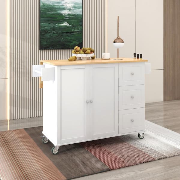 FAMYYT White Drop Leaf Rubberwood Countertop 53 in. Kitchen Island with Adjustable Shelves