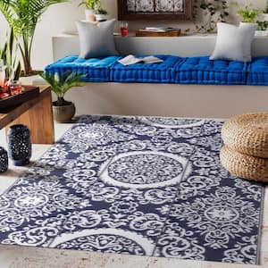 Blue and White 5 ft. x 7 ft. Rectangle Moroccan Polypropylene Waterproof Fade Resistant Indoor/Outdoor Area Rug