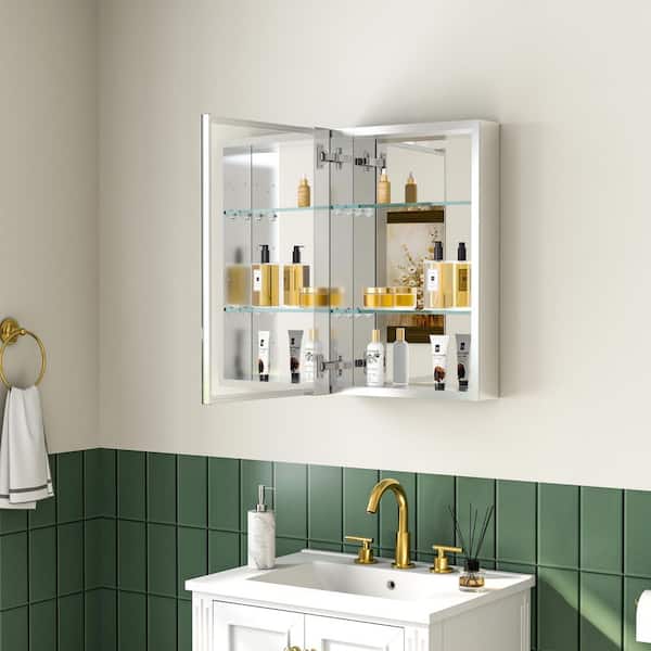 16 in. W x 24 in. H Rectangular Aluminum Recessed/Surface Mount Medicine Cabinet with Mirror, Soft Close, Left Open