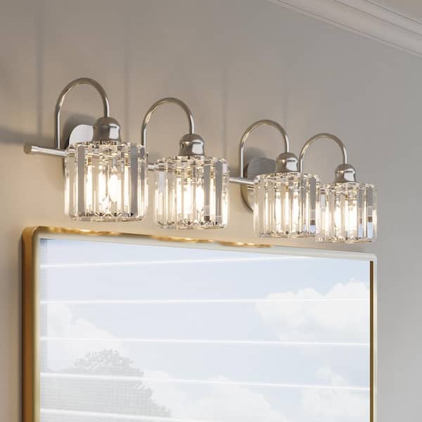 Merrin 14.3 in. 2-Light Brushed Nickel Bathroom Vanity Light with Crystal Shades