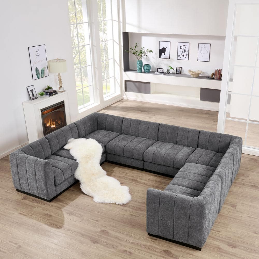Morden Fort 128 in. U Shape Chenille Gray Sectional Couch, 8