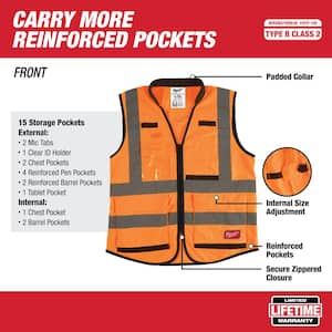 Premium Small/Medium Orange Class 2-High Visibility Safety Vest with 15 Pockets and Clear Anti Scratch Safety Glasses