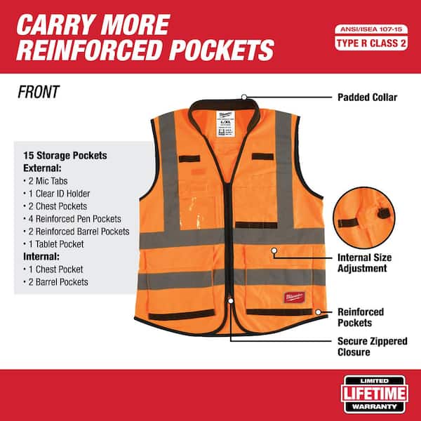 Premium Small/Medium Orange Class 2-High Visibility Safety Vest with 15 Pockets and Clear Anti Scratch Safety Glasses