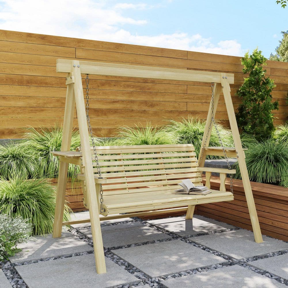 Natural Wood 3-Seat Porch Swing with Side Tables