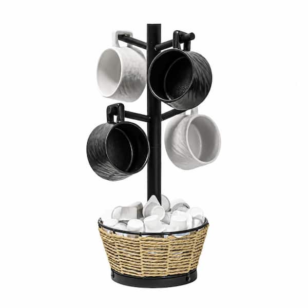 Wood Mug Holder Tree with 4 Hooks and Woven Basket, 16.9 x 4.3 x 8.3 in Coffee Cup Organizer for Kitchen