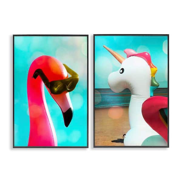 Unicorn and Flamingo Basking by Graffi*tee Studios 2 Pieces Black Framed Coastal Giclee Art Print 30 in. x 20 in.