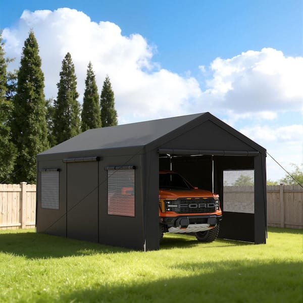 10 ft. x 20 ft. Heavy-Duty Portable Carport with Side-Opening Door, Roll-Up Windows and Reinforced 4-Hole Base, Black