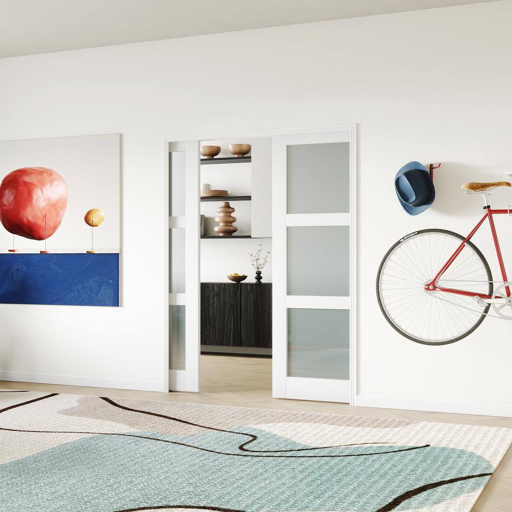 30 in. x 80 in. White Primed MDF Pocket Door Frame with Frosted Glass Panels